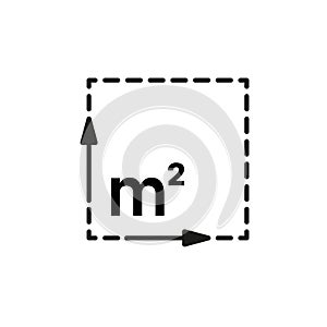 Square meter, size surface m2 icon. Measuring area dimension sign. Measure of place with length and width arrow