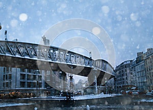 Square and metro Stalingrad in Paris under snow