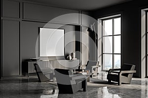 Square mockup in dark grey living room with four armchairs. Corner view