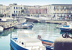 Square near old port in Syracuse Siracusa, Sicily, Italy, seafront of Ortygia Ortigia Island