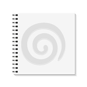 Square Notebook mockup. Empty pages book with binder metal spiral template. Isolated on white background. Vector