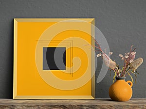 Square orange mock up picture frame on dark plaster wall with flowers in a pot on wooden shelf, 3d render, 3d illustration