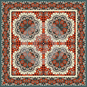 Square ornament for floor rugs or shawls with four mandalas and stylized peacock feathers. Print for fabric