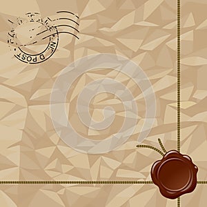 Square package crumpled paper background with brown wax seal, cords and postage stamps