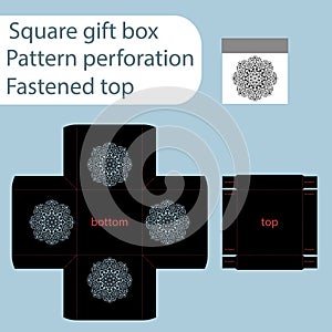 A square paper box, box is fastened with a lid, cut out template, gift wrap, laser cutting template, the sides are indicated by an photo