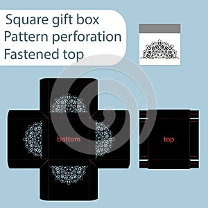 A square paper box, box is fastened with a lid, cut out template, gift wrap, laser cutting template, the sides are indicated by an