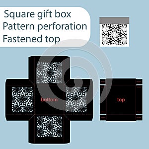 A square paper box, box is fastened with a lid, cut out template, gift wrap, laser cutting template, the sides are indicated by an photo