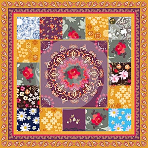 Square patchwork pattern with mandala, rose, daisy, cosmos flowers and paisley border in vector. Ethnic motives. Boho style