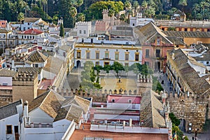 Square Patio de Banderas connects the Alcazar with the cathedral and Santa Cruz district in Sevilla, Spain.
