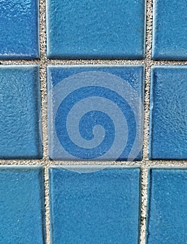 Square pattern blue tiled wall. Blue pool tiles. Dark blue small tiles on a wall. Facade of bathroom. Parede de azulejos azuis. photo