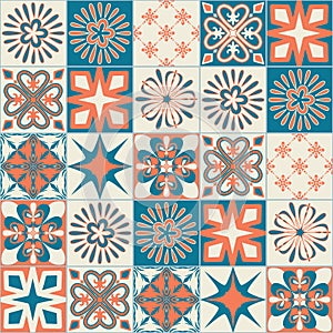 Square patterns orange blue color, trendy patchwork ceramic tile design vector Illustration
