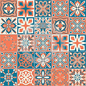 Ceramic tile with square patterns orange blue color, trendy patchwork ceramic tile design vector Illustration