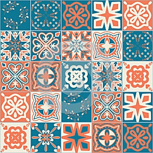 Square patterns orange blue color, trendy patchwork ceramic tile design vector Illustration