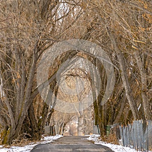 Square Paved road with chain link and barbed wire fence amid a snow covered terrain