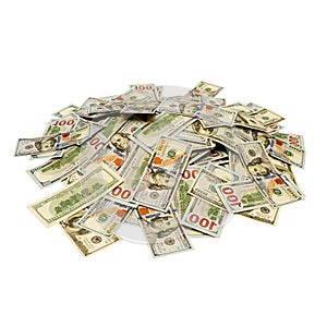 Square photo of a pile of one hundred dollar bills on an isolated, white background.