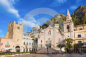 Square Piazza IX Aprile, San Giuseppe church in Taormina, Sicily, Italy