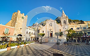 Square Piazza IX Aprile, San Giuseppe church in Taormina, Sicily, Italy