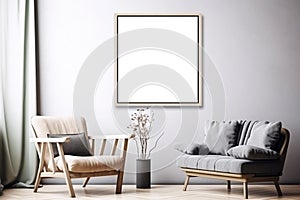 Square picture frame mockup in modern living room interior, blank copyspace, grey tones, poster mock-up. Generative AI