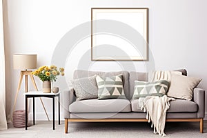 Square picture frame with passe-partout mockup in modern interior, blank copyspace, light tones, poster mock-up. Generative AI photo