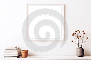 Square picture frames with passe-partout mockup in modern living room interior, blank copyspace, white tones, poster mock-up. photo