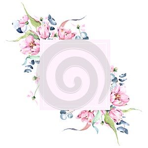 Square pink frame on a white background decorated with detailed watercolor florals, pink tulips, green, olive and blue branches an