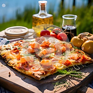 Square pizza with cheese, ham, basil, tomatoes, shrimp, spices on a wooden kitchen board. Around the decoration with vegetables