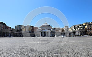 Square of plebiscite in Naples in Southern Italy without people and Church of Saint Francis of Paul also called San Francesco di