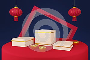 Square podium with chinese lantern and money gold ingot element for beauty branding cosmetic or any product. Concept Shopping podi