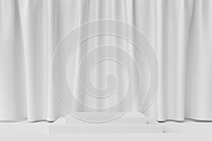 Square podium or pedestal for products or advertising on white background with curtains, minimal 3d render