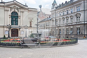 Square with the Polish Theater in Bielsko Biala founded in 1890. A building in the eclectic style with the predominance