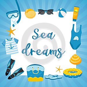 A square postcard with a blue striped frame and the words Sea Dreams Elements of a sea beach holiday: swimsuit, shell