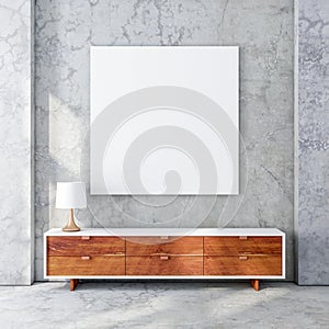 Square poster canvas mockup hanging on concrete wall in modern living room with wooden bureau