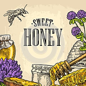 Square poster with honey, honeycomb, jar, spoon, bee.