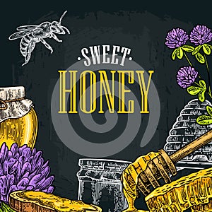 Square poster with honey, honeycomb, jar, spoon, bee.