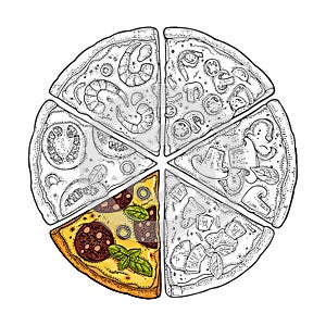 Square poster with monochrome and colorful slice pizza