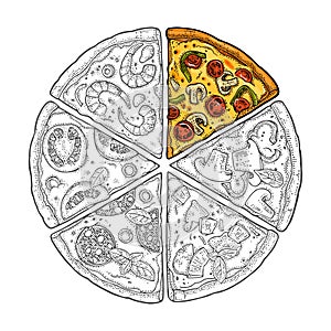 Square poster with monochrome and colorful slice pizza