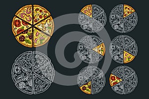 Square poster with monochrome and colorful slice pizza