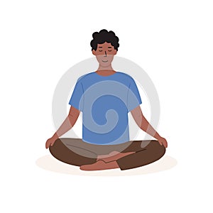 Square poster with young african male meditating and doing yoga breathing exercise. Man practicing Pranayama. Card with