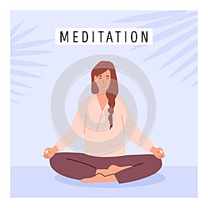 Square poster with young female meditating and doing yoga breathing exercise. Woman practicing Pranayama. Card with