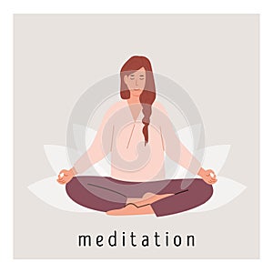 Square poster with young female meditating on lotus flower and doing yoga breathing exercise. Woman practicing Pranayama