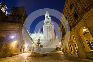 Square of Praterias and Cathedral Bell tower in Santiago de Com photo