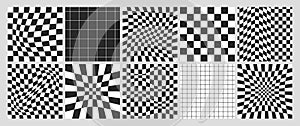 Square psychedelic checkerboards with checkered seamless pattern with monochrome warped grid tile