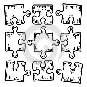 Square puzzle icon. Not assembled nine pieces. Sketch scratch board imitation.