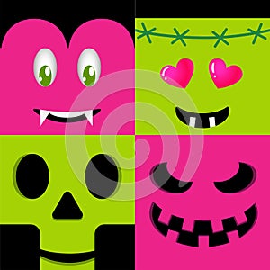 Square, quadratic cute monster smiles, Funny Pink Halloween skull monster smiles, art style,EPS 10