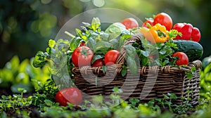 a square rattan bucket brimming with an array of colorful vegetables nestled amidst lush green grass.