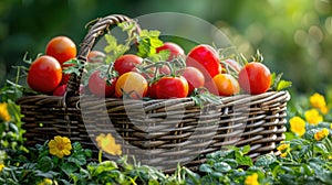 a square rattan bucket brimming with an array of colorful vegetables nestled amidst lush green grass.