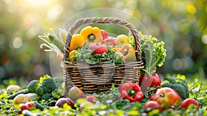 a square rattan bucket brimming with an array of colorful vegetables nestled amidst lush green grass.