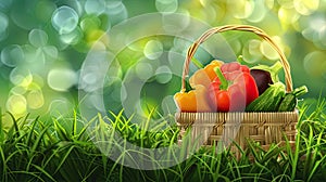 a square rattan bucket brimming with an array of colorful vegetables nestled amidst lush green grass.