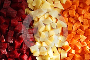 Square raw sliced beets, potatoes and carrots in three rows background. View from above