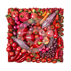 Square of red fruits and vegetables